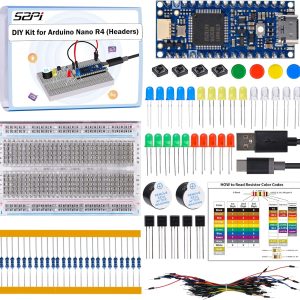 GeeekPi DIY Kit for Arduino Nano R4 with Headers, Beginner Electronics Learning Set, Includes Breadboard, LEDs, Resistors, Transistors,Push Buttons,Jumper Wires,USB-C Programming Cable,with Tutorial